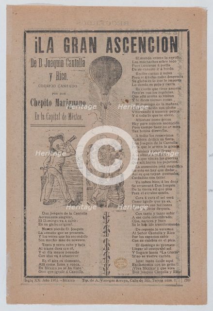 Broadsheet relating to the adventures of Don Joaquin Cantolla y Rico who travels in a hot ..., 1902. Creator: José Guadalupe Posada.