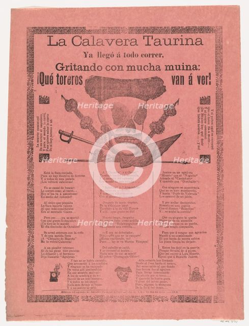 Broadsheet relating to the bullfighting calavera who has arrived at full speed, screaming ..., 1908. Creator: José Guadalupe Posada.