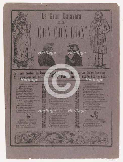 Broadsheet relating to the great calavera of the Chin-Chun-Chan, a zarzuela (traditional f..., 1904. Creator: José Guadalupe Posada.