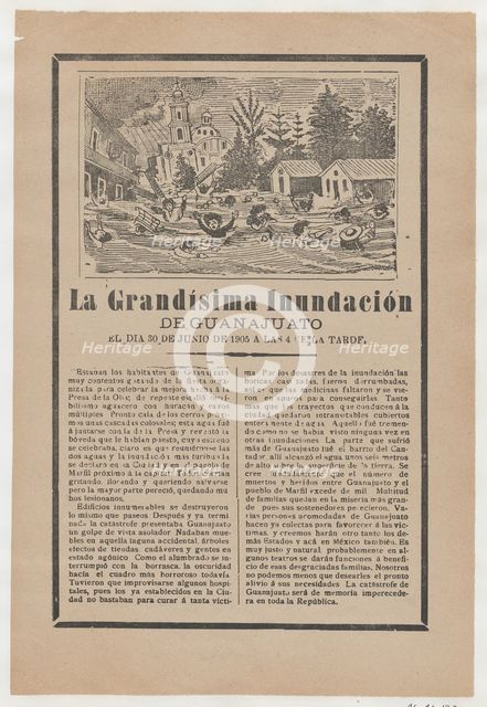 Broadsheet relating to the great flood of Guanajuato on 30 June 1905, a description in the..., 1905. Creator: José Guadalupe Posada.