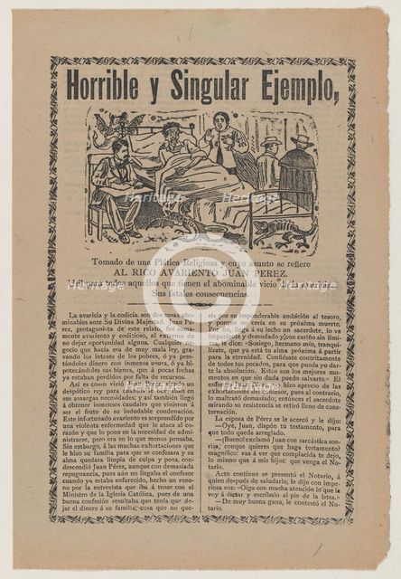 Broadsheet relating to the greed of Juan Pérez and his ill-gotten financial gains..., ca. 1900-1910. Creator: José Guadalupe Posada.