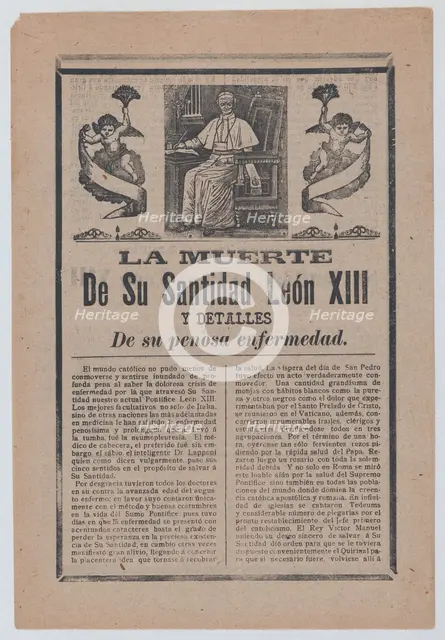 Broadsheet relating to the death of Pope Leo XIII, he is shown in his study flan..., ca. 1900-1913. Creator: José Guadalupe Posada.