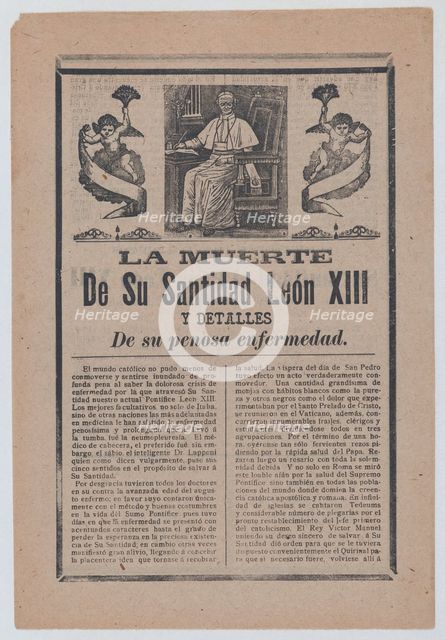 Broadsheet relating to the death of Pope Leo XIII, he is shown in his study flan..., ca. 1900-1913. Creator: José Guadalupe Posada.