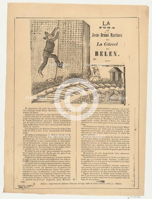Broadsheet relating to the escape of Jesús Bruno Martínez from Belen prison, a descrip..., ca. 1892. Creator: José Guadalupe Posada.