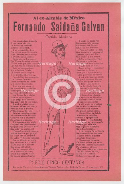 Broadsheet relating to the ex mayor of Mexico, Fernando Saldaña Galvan, wh..., ca. 1920 (published). Creator: José Guadalupe Posada.