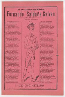 Broadsheet relating to the ex mayor of Mexico, Fernando Saldaña Galvan, wh..., ca. 1920 (published). Creator: José Guadalupe Posada