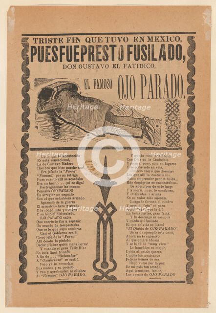 Broadsheet relating to the execution of a prophet named Don Gustavo, man lying face do..., ca. 1913. Creator: José Guadalupe Posada.
