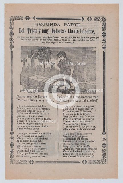 Broadsheet relating to the plight of an orphan, young boy mourning in a cemetery,..., ca. 1900-1913. Creator: José Guadalupe Posada.