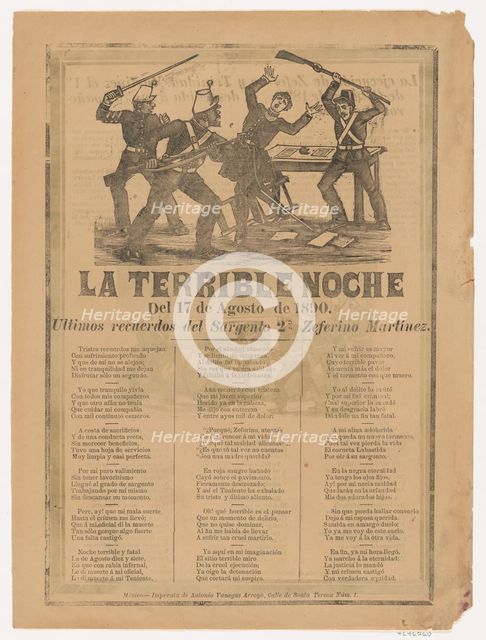 Broadsheet relating to the terrible events of 17 August 1890 when a a government official..., 1890. Creator: José Guadalupe Posada.