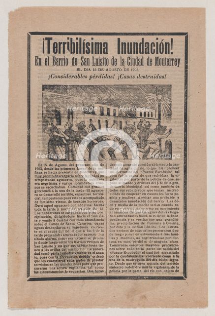 Broadsheet relating to the terrible flood in the barrio of San Luisito in the city of Mont..., 1903. Creator: José Guadalupe Posada.