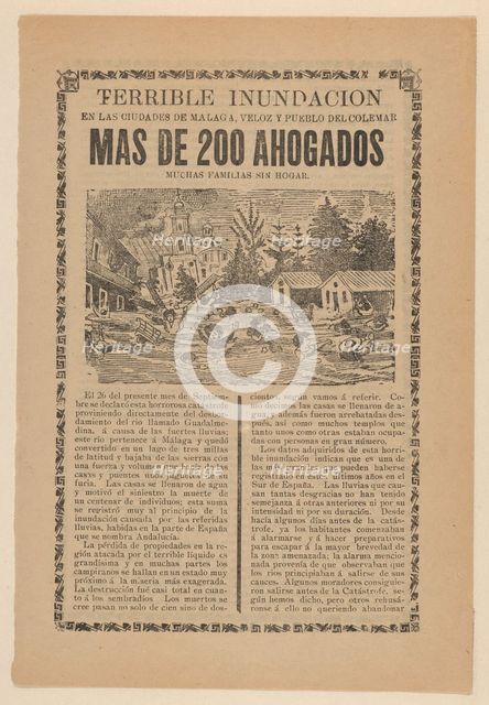Broadsheet relating to the terrible flood in the towns of Malaga, Veloz and Pueblo del Col..., 1907. Creator: José Guadalupe Posada.