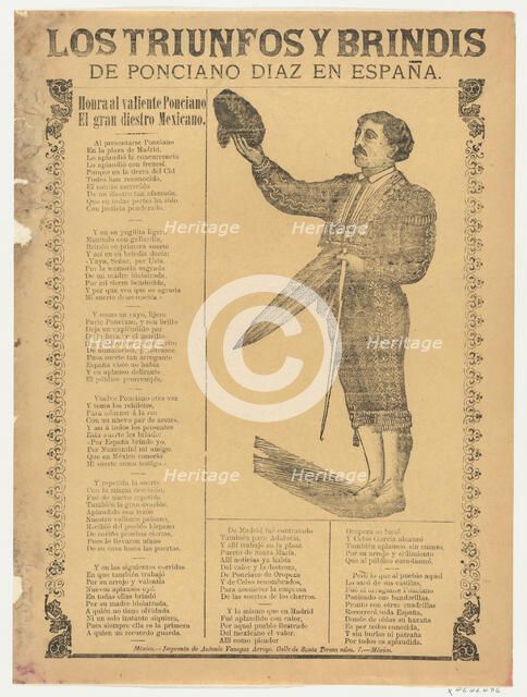 Broadsheet relating to the triumphs of the bullfighter Ponciano Diaz in Spain, a co..., ca. 1900-10. Creator: Anon.