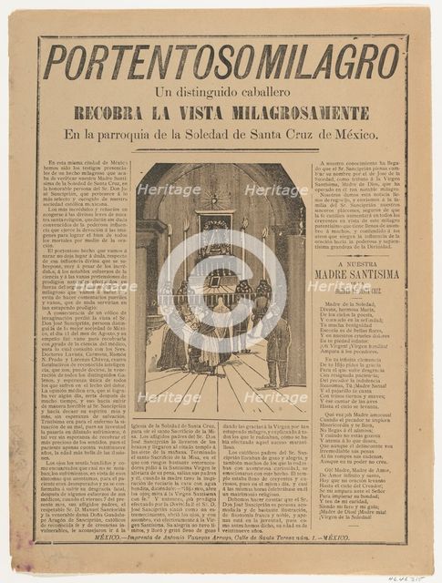 Broadsheet relating to a miracle that occured when a distinguished man regained h..., ca. 1905-1910. Creator: José Guadalupe Posada.