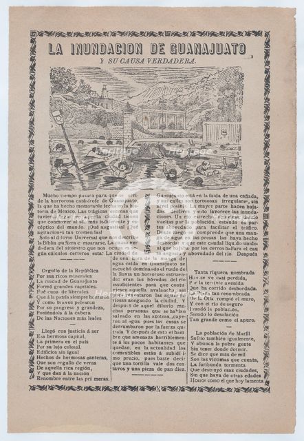 Broadsheet relating to a news story about the cause of a flood in Guanajuato, townspeo..., ca. 1905. Creator: José Guadalupe Posada.