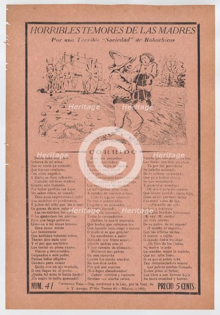Broadsheet relating to a fear of kidnappers, a kidnapper grabbing a child ..., ca. 1920 (published). Creator: José Guadalupe Posada.