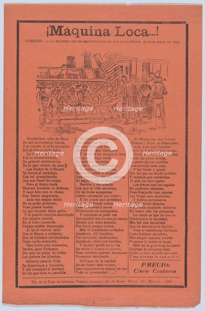 Broadsheet relating to a train accident that killed many people, wounded victi..., 1920 (published). Creator: José Guadalupe Posada.