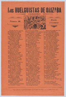 Broadsheet relating to a worker's strike in Orizaba, workers holding up the Me..., 1920 (published). Creator: José Guadalupe Posada