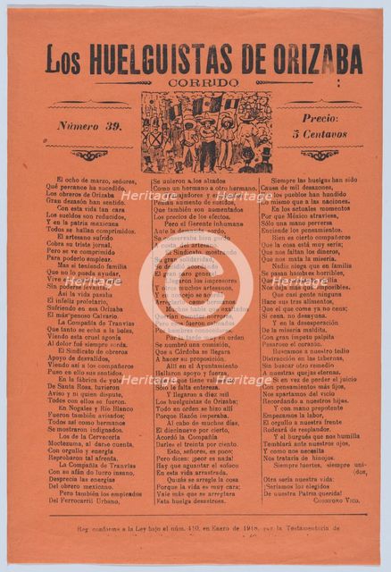 Broadsheet relating to a worker's strike in Orizaba, workers holding up the Me..., 1920 (published). Creator: José Guadalupe Posada.