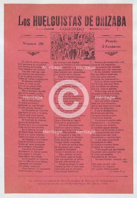 Broadsheet relating to a workers' strike in Orizaba, workers holding up the Me..., 1920 (published). Creator: José Guadalupe Posada.