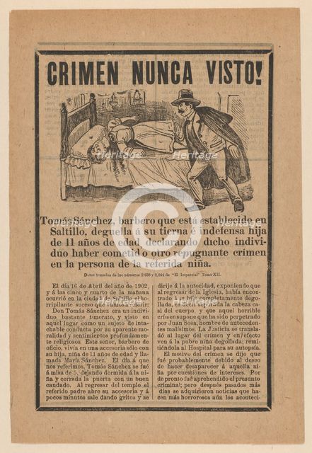 Broadsheet relating to a young girl who was beheaded while her father Tomás Sánchez le..., ca. 1902. Creator: José Guadalupe Posada.
