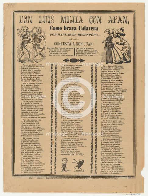 Broadsheet relating to Don Luis Mejia con Afan, a corrido (ballad) in the bottom section,..., 1907. Creator: José Guadalupe Posada.