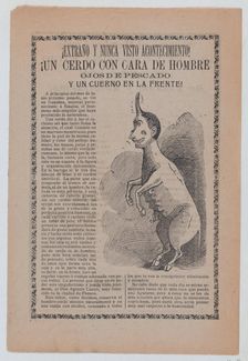 Broadsheet relating to freaks of nature, at right a creature that is half human and hal..., ca 1900. Creator: José Guadalupe Posada