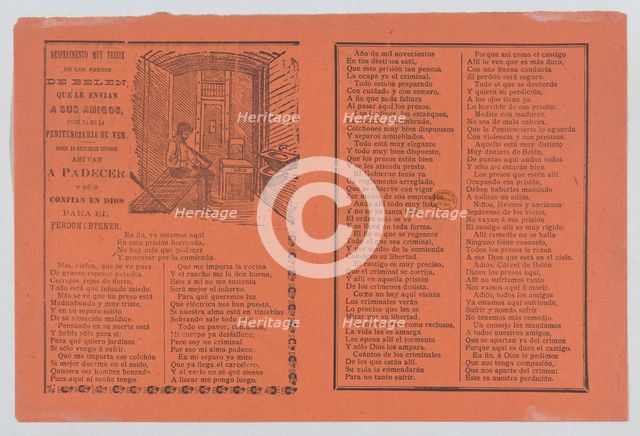 Broadsheet relating to life in prison, a man in his jail cell, ca 1900-1913., ca 1900-1913. Creator: José Guadalupe Posada.