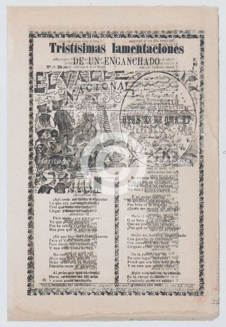 Broadsheet relating to people being tricked into working in tobacco fields, a man warning ..., 1903. Creator: José Guadalupe Posada.