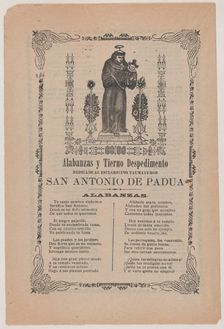 Broadsheet relating to Saint Anthony of Padua who is shown holding the Christ chi..., ca. 1900-1913. Creator: José Guadalupe Posada