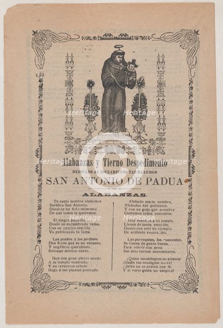 Broadsheet relating to Saint Anthony of Padua who is shown holding the Christ chi..., ca. 1900-1913. Creator: José Guadalupe Posada.