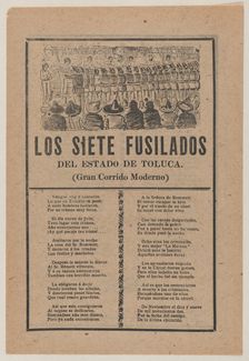 Broadsheet relating to seven men executed by a firing squad on account of their murder on ..., 1902. Creator: José Guadalupe Posada