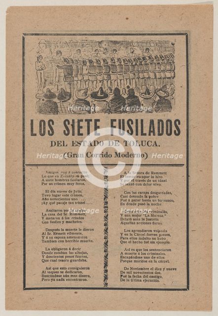 Broadsheet relating to seven men executed by a firing squad on account of their murder on ..., 1902. Creator: José Guadalupe Posada.