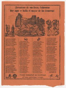 Broadsheet relating to skeletons rising from their graves, two skeletons duelling with swo..., 1904. Creator: José Guadalupe Posada
