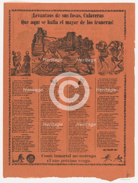 Broadsheet relating to skeletons rising from their graves, two skeletons duelling with swo..., 1904. Creator: José Guadalupe Posada.