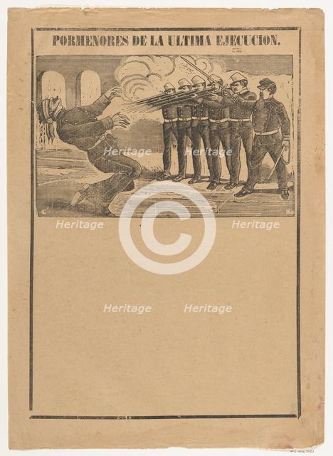 Broadsheet showing a blindfolded man being executed (no letterpress in bottom sec..., ca. 1890-1910. Creator: José Guadalupe Posada.