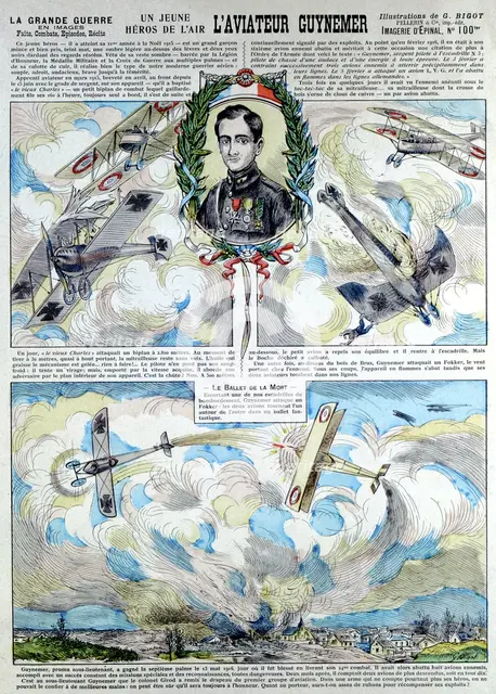 Broadsheet showing Georges-Marie Guynemer, French air fighter ace. Artist: Unknown