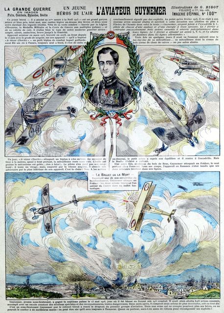 Broadsheet showing Georges-Marie Guynemer, French air fighter ace. Artist: Unknown