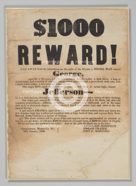 Broadside offering reward for capture of George, Jefferson, Esther, and Amanda, January 20, 1840. Creator: Unknown.