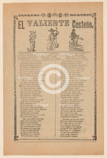 Broadside about a brave man from the west coast of Mexico, who is shown walking down a..., ca. 1899. Creator: José Guadalupe Posada.