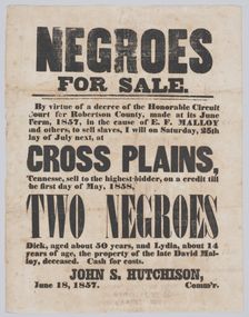 Broadside announcing the sale of a man, Dick, and a girl, Lydia, 1857. Creator: Unknown