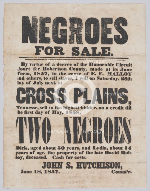 Broadside announcing the sale of a man, Dick, and a girl, Lydia, 1857. Creator: Unknown.