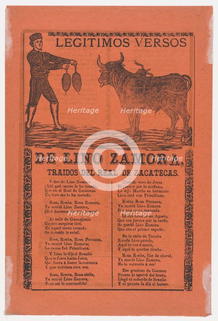 Broadside containing on recto, the legitimate verses of Lino Zamora brought fr..., 1902 (published). Creators: Manuel Manilla, José Guadalupe Posada.
