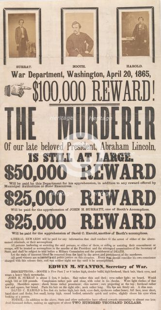 [Broadside for the Capture of John Wilkes Booth, John Surratt, and David Herold]..., April 20, 1865. Creators: Unknown, Alexander Gardner.