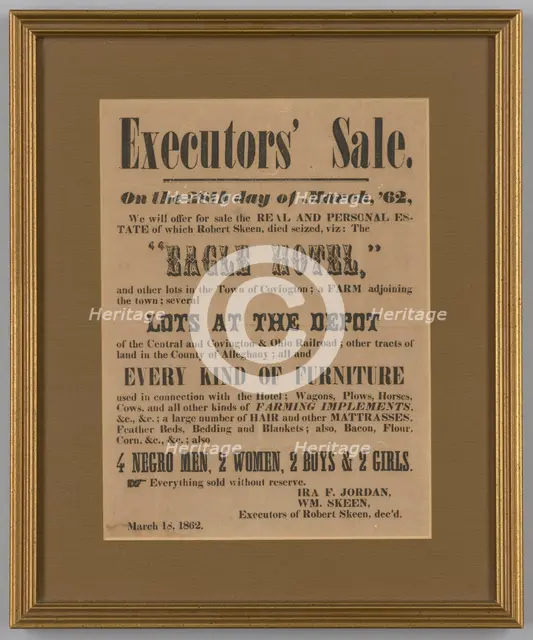 Broadside for the estate sale of Robert Skeen including ten enslaved people, March 18, 1862. Creator: Unknown.