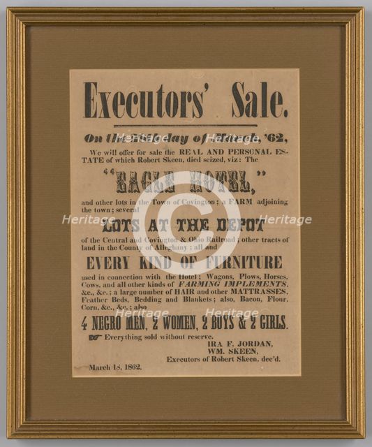 Broadside for the estate sale of Robert Skeen including ten enslaved people, March 18, 1862. Creator: Unknown.