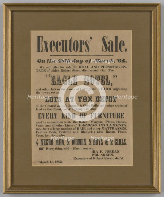 Broadside for the estate sale of Robert Skeen including ten enslaved people, March 18, 1862. Creator: Unknown.