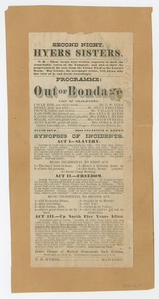 Broadside for the musical drama "Out of Bondage", 1876. Creator: Unknown
