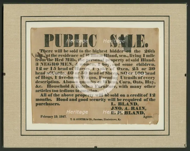 Broadside for the sale of enslaved persons and other property of William Bland, 1847. Creator: Unknown.