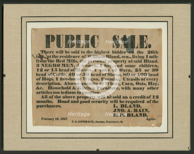 Broadside for the sale of enslaved persons and other property of William Bland, 1847. Creator: Unknown.