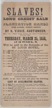 Broadside for a New Orleans auction of 18 enslaved persons from Alabama, 1858. Creator: Unknown